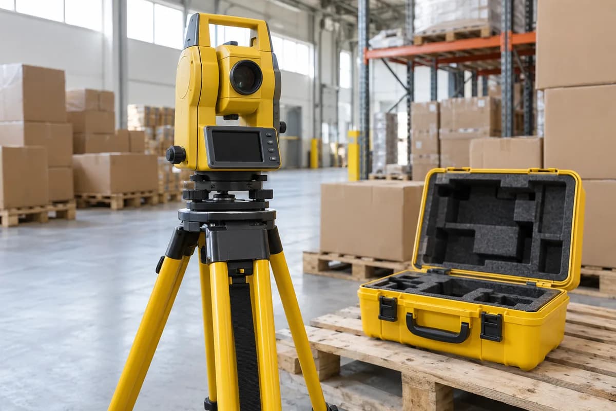 Surveying total station on a tripod beside its case