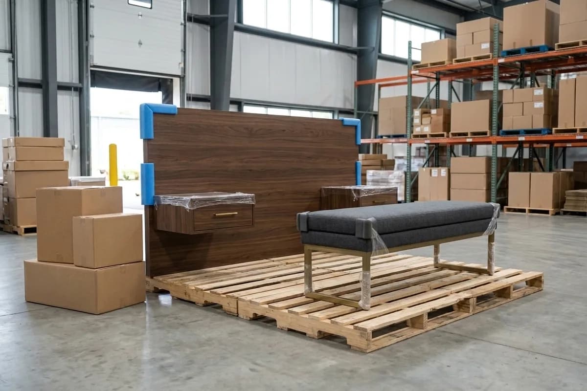 Hospitality wood veneer headboard with integrated bedside tables and upholstered hotel luggage bench on a pallet in a warehouse