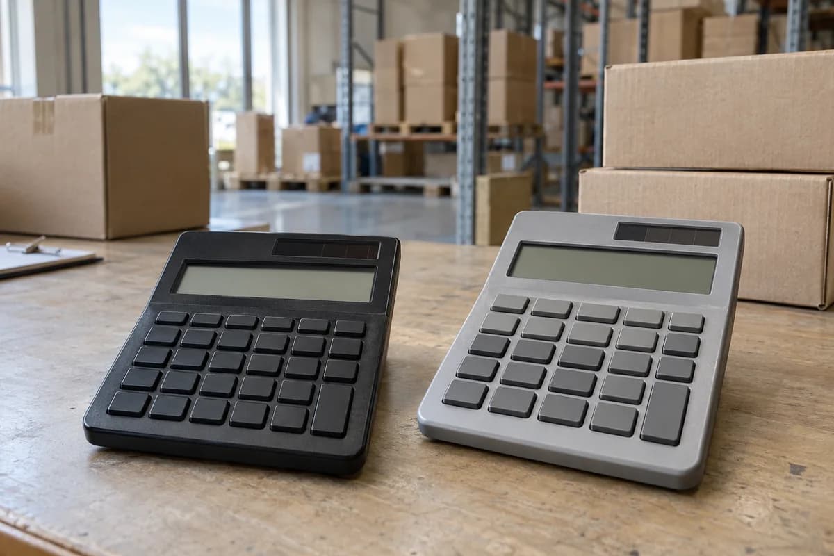 Desktop calculators beside boxes