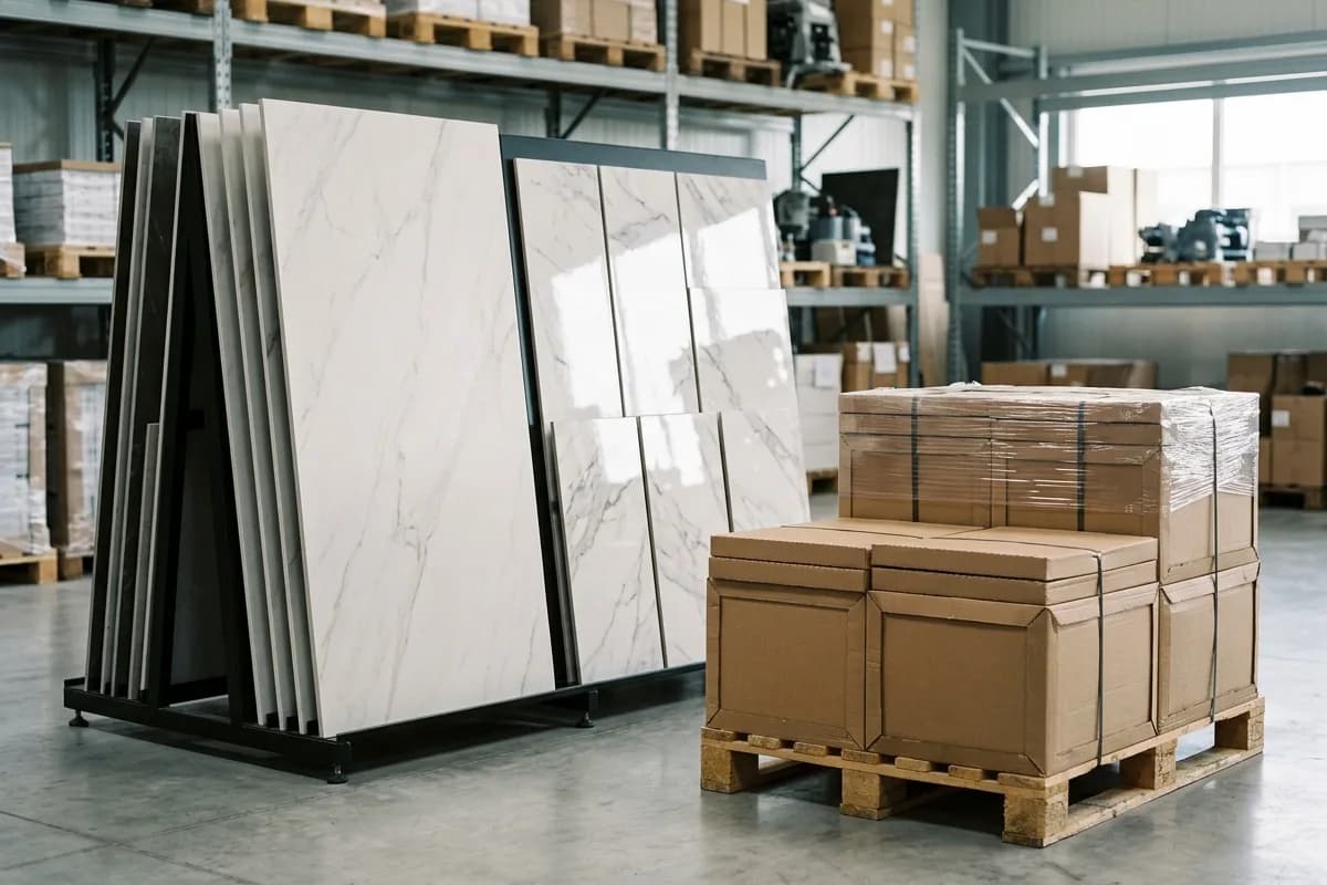 Large format porcelain stoneware tiles on a display rack and packaged tiles on a warehouse pallet