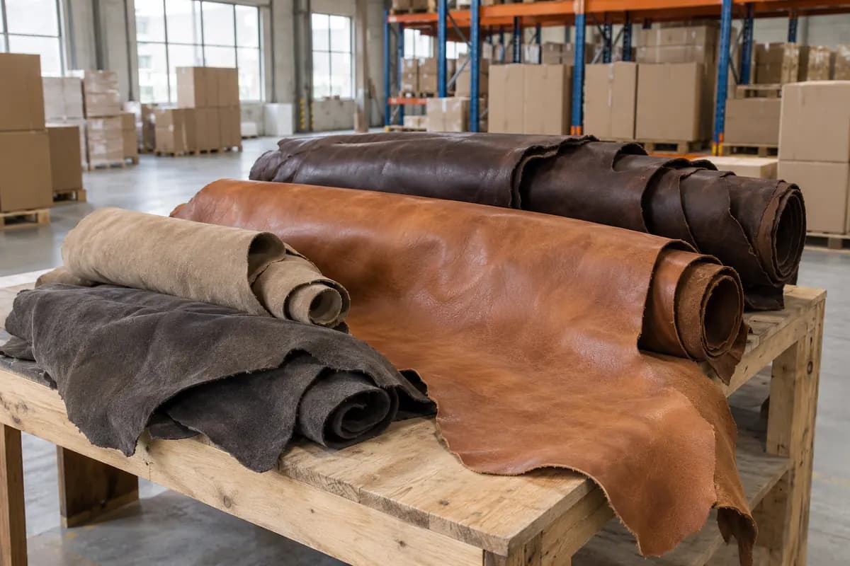 Rolls of natural leather and suede on a warehouse table