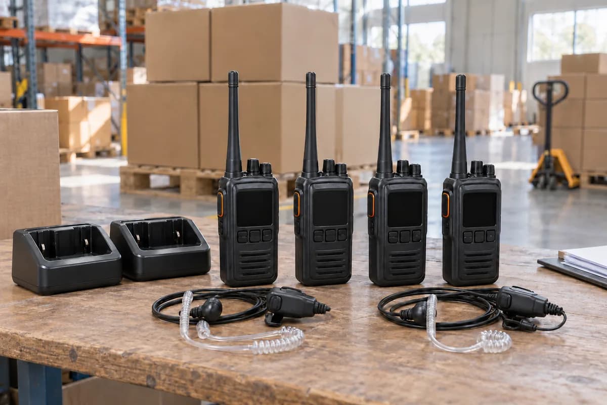 Two-way radios, charging docks and headsets on a table