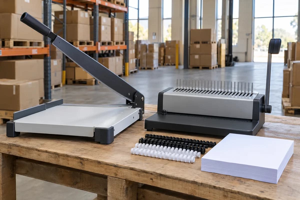 Paper cutter and binding machine on a warehouse bench