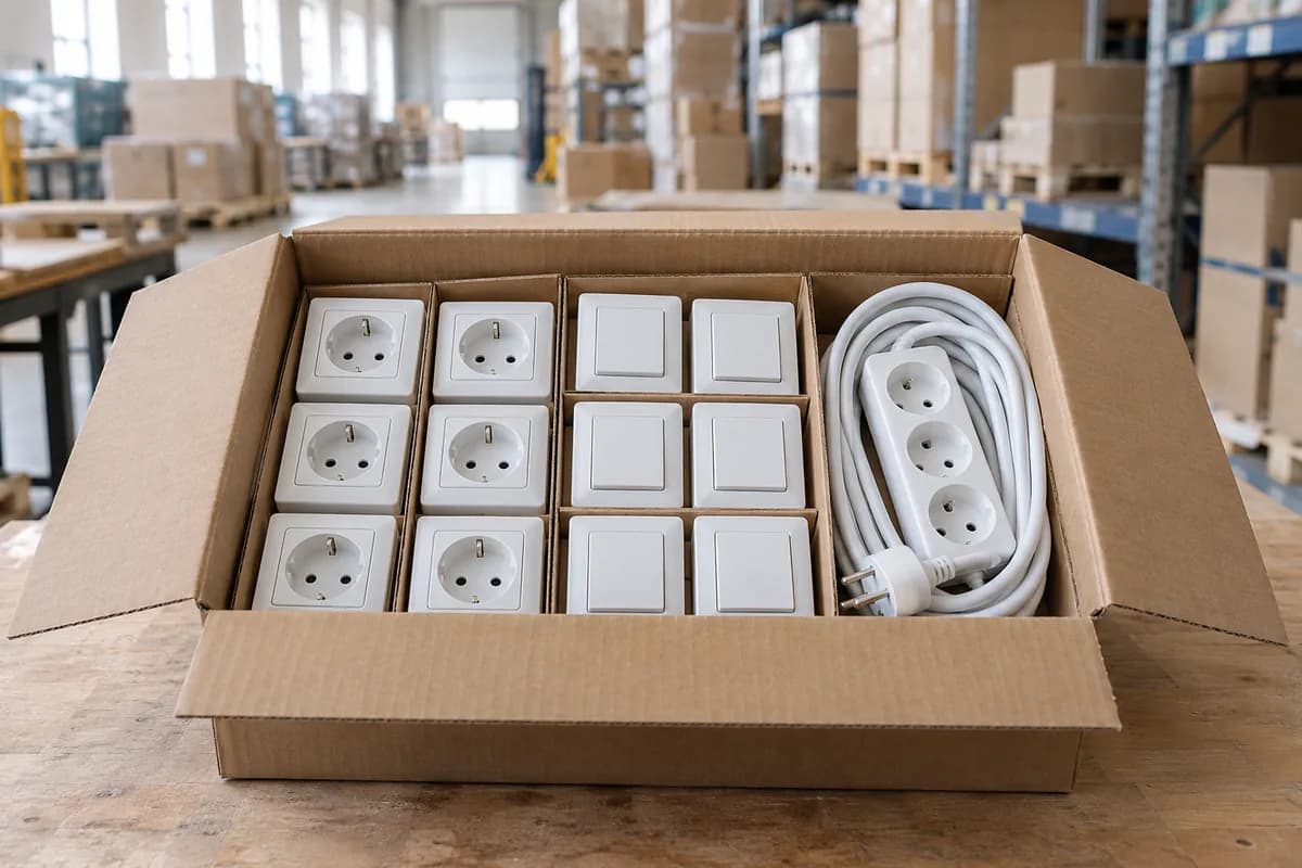 Wall sockets, light switches and extension lead in a carton on a warehouse table