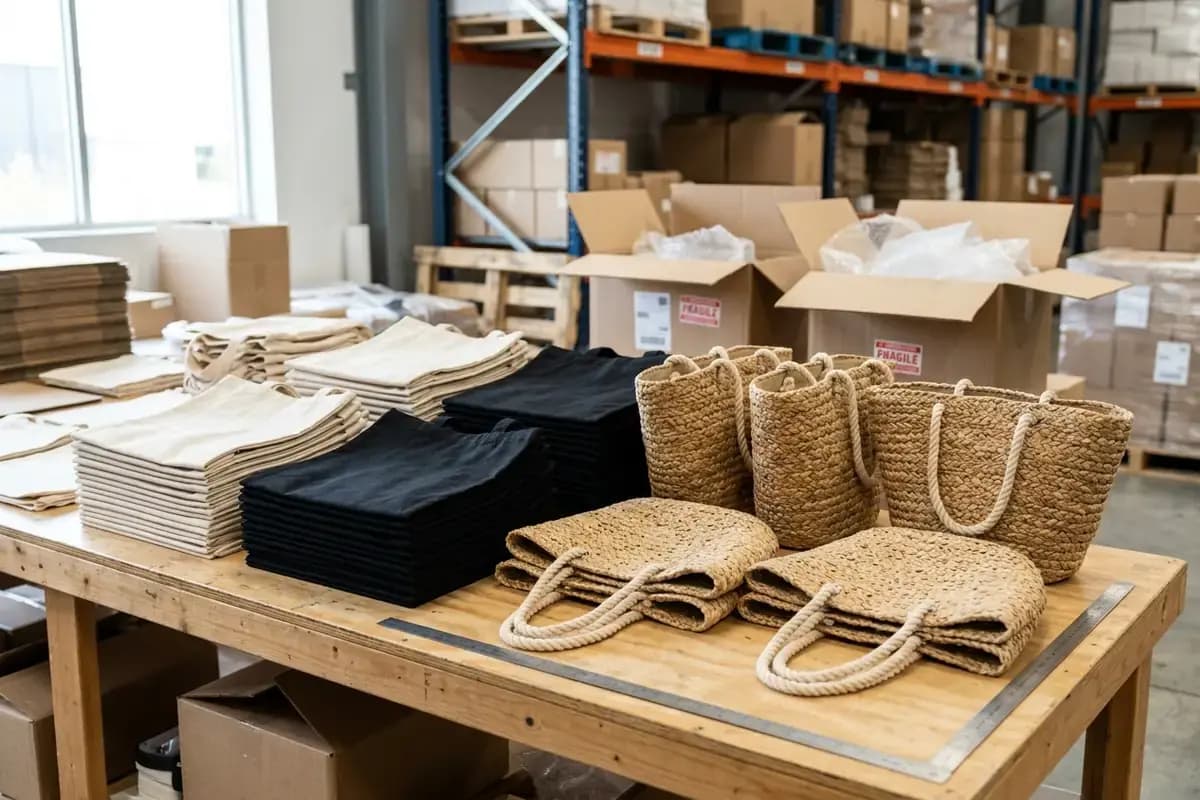 Cotton canvas tote bags and woven straw beach bags on a warehouse receiving workbench