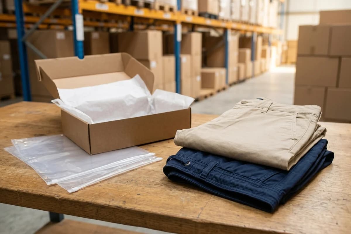 Folded chino bermuda shorts and casual shorts next to a shipping box on a warehouse table