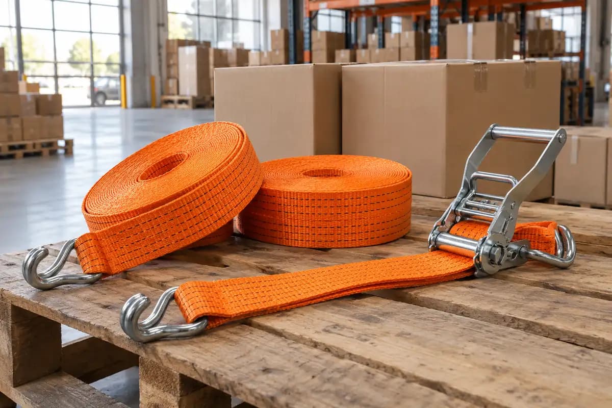 Cargo tie-down straps with ratchets and hooks on a pallet