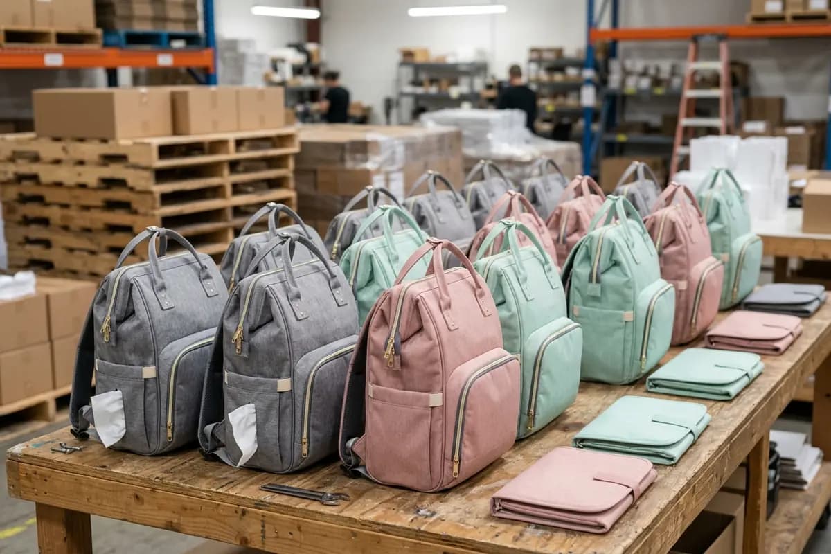 Multifunctional diaper backpacks for mothers and folded changing pads on a warehouse workbench