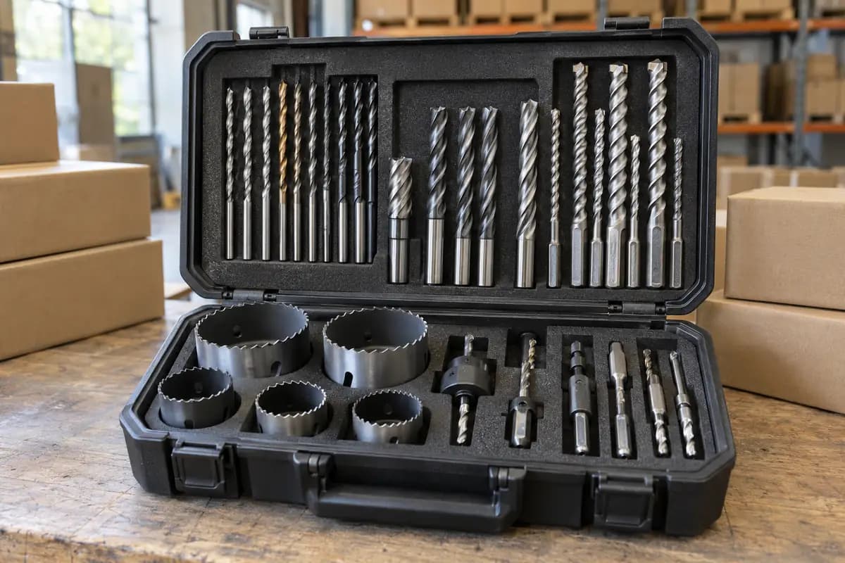 Drill bits, end mills, masonry bits and hole saws in a protective case
