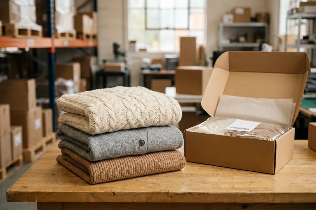 Stack of folded knit wool sweaters and cardigan on a warehouse inspection workbench