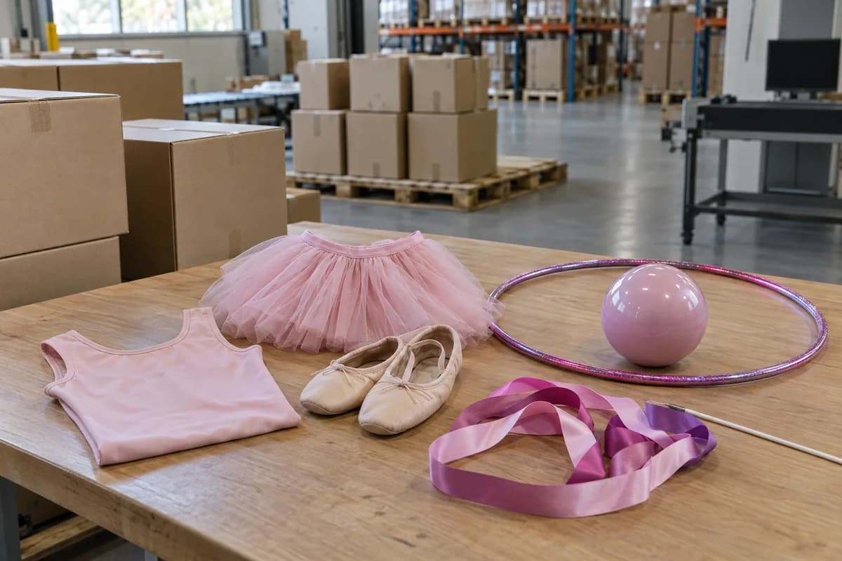 Dance clothing, ballet slippers and gymnastics equipment