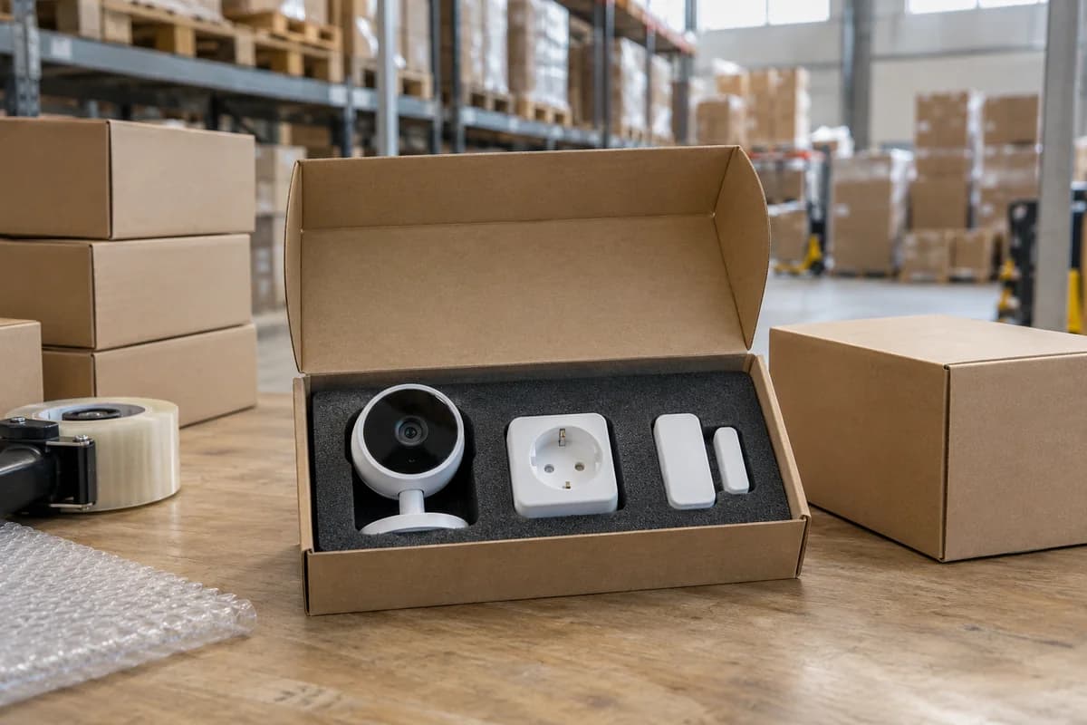 Camera, smart plug and door contact sensor in packaging at a warehouse