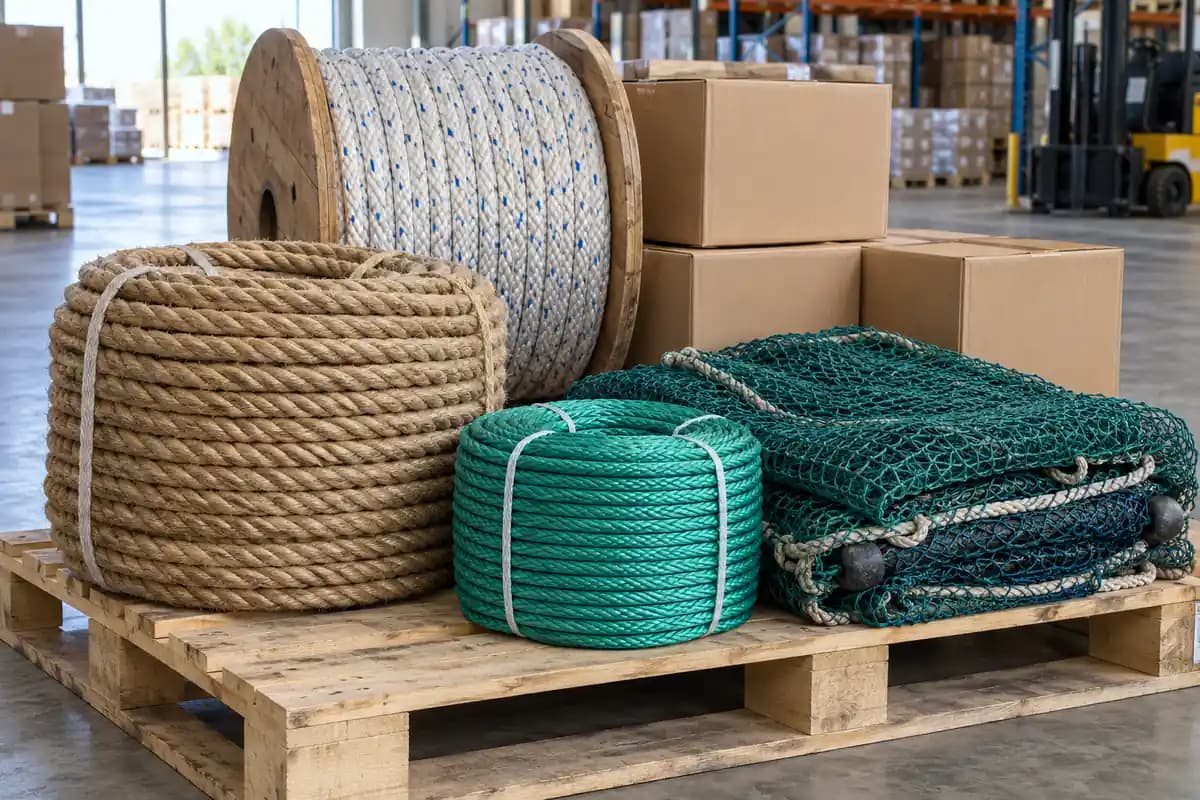 Coils of rope, cords and folded net on a pallet