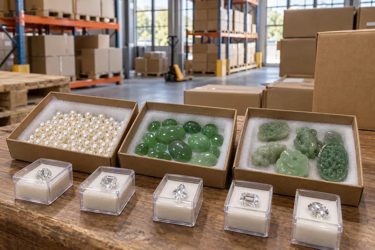 Pearls, faceted gemstones and jade in packing trays