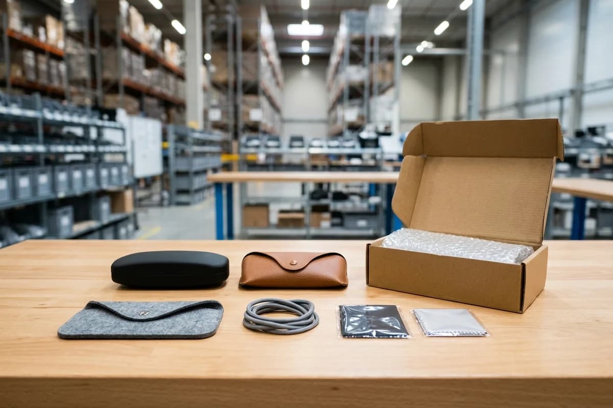 Eyeglass cases, soft pouches, cords, and cleaning cloths on a warehouse inspection table